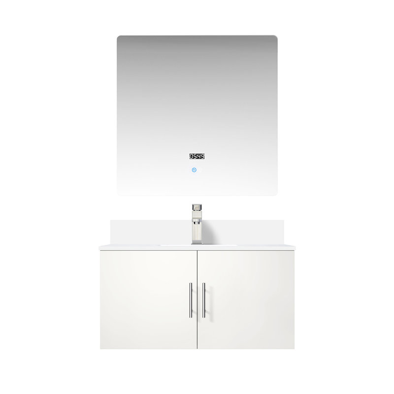 36 po L x P 22 po. Meuble-lavabo blanc brillant avec comptoir en quartz, robinet, miroir à DEL rayé et teint, Blanc lustré