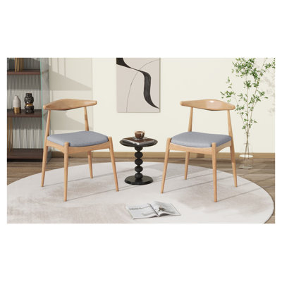 Set of 2 Mid-Century Dining Chairs with Natural Rubberwood Frame and Grey Upholstery