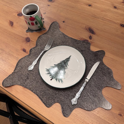 Real Cowhide Place Mat, Grey, 4 Place Mats With 4 Coasters