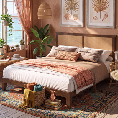 King Size Platform Bed Frame, Modern Rattan Headboard With LED Lights, Farmhouse Noise-Free Mattress Foundation, Wood Slats, No Box Spring Needed, Brown
