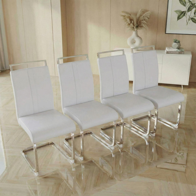 Set of 4 Modern Dining Chairs, Off White Faux Leather Upholstered Chair with Glossy Chromed Legs, White