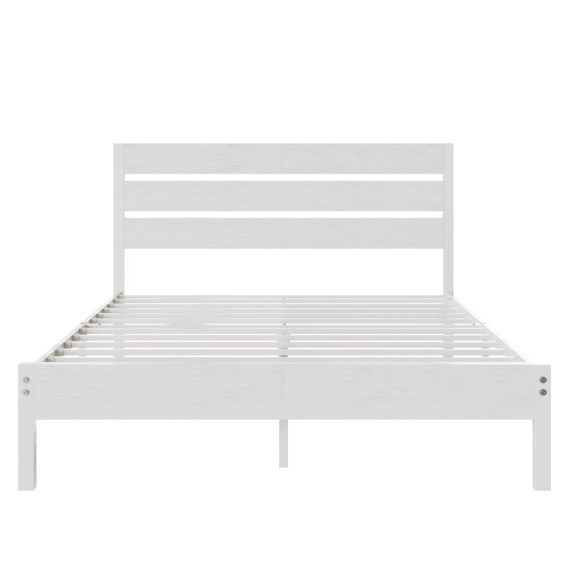 Structure de lit pleine grandeur Alicia avec tête et pied de lit en bois, lit plateforme rustique industriel avec support en acier robuste, aucun sommier requis, rangement sous le lit, sommier anti-bruit, blanc