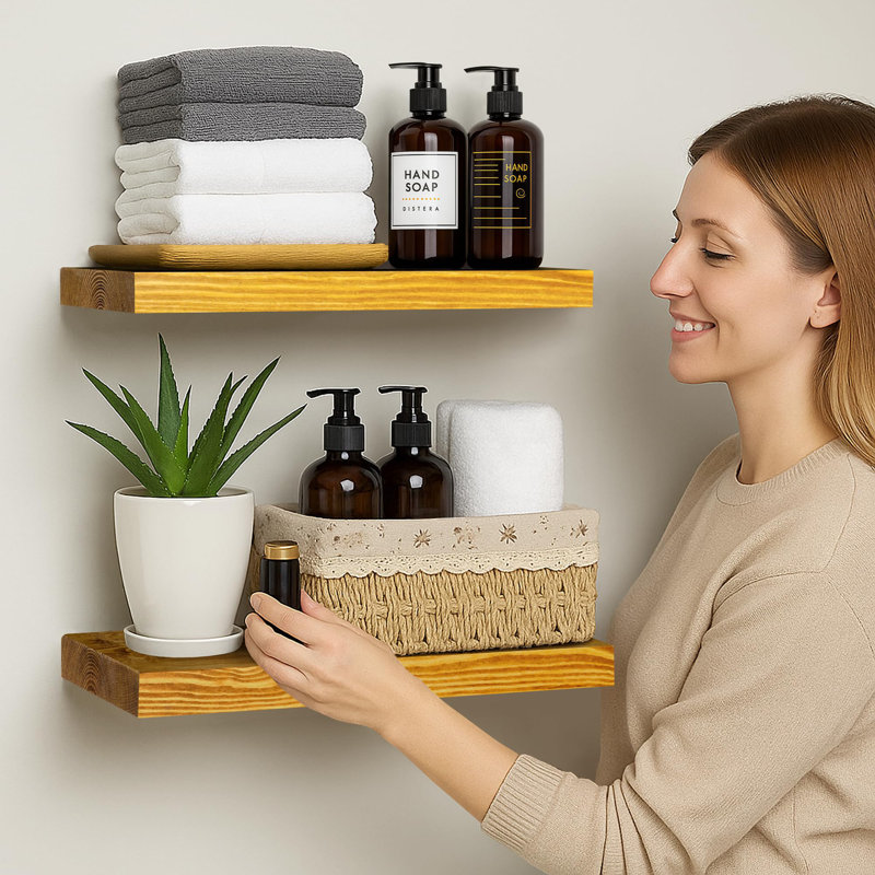 Solid Wood Floating Shelves，Rustic Wooden Wall Shelves, Yellow Brown, 1.25" H x 16" W x 6.7" D