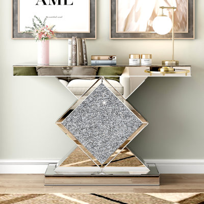 Andreja Mirrored Glass Console Table with Crushed Diamond Inlay