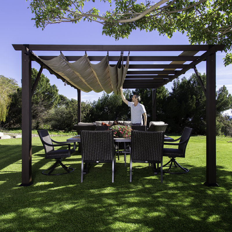 Modena Wood Grain Aluminum Pergola in Espresso with Mocha Canopy, 20.5 ft. W x 12 ft. D