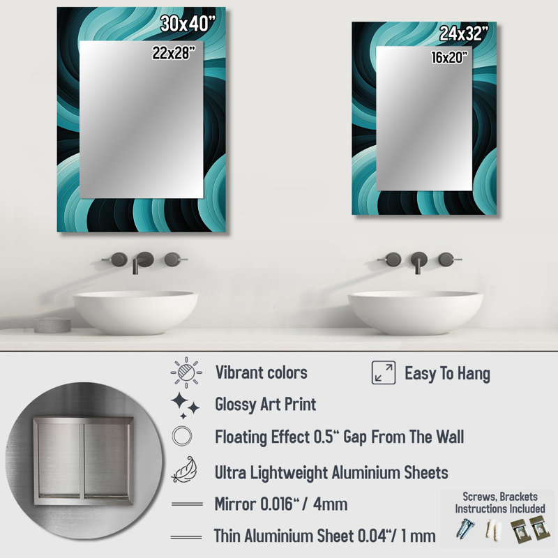 Turquoise noir Opt Art In - Op Art miroir décoratif, grand miroir mural moderne, impression d'art en métal, 40 po x 30 po
