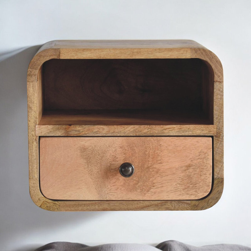 Mini-table de chevet murale extra courbée en chêne avec fente ouverte, 1 tiroir, brun clair Extra, Chêne