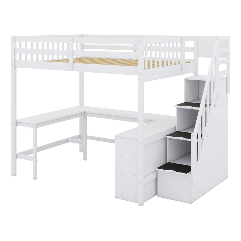 Lit mezzanine avec bureau intégré en forme de L et tablettes de rangement à trois niveaux, et escalier de rangement attaché