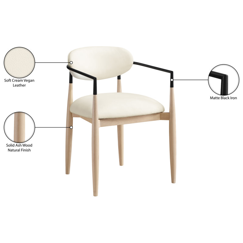 Riccio Vegan Leather Upholstered Dining Arm Chair, Cream Vegan Leather, Stained Natural / Powder Coated Black