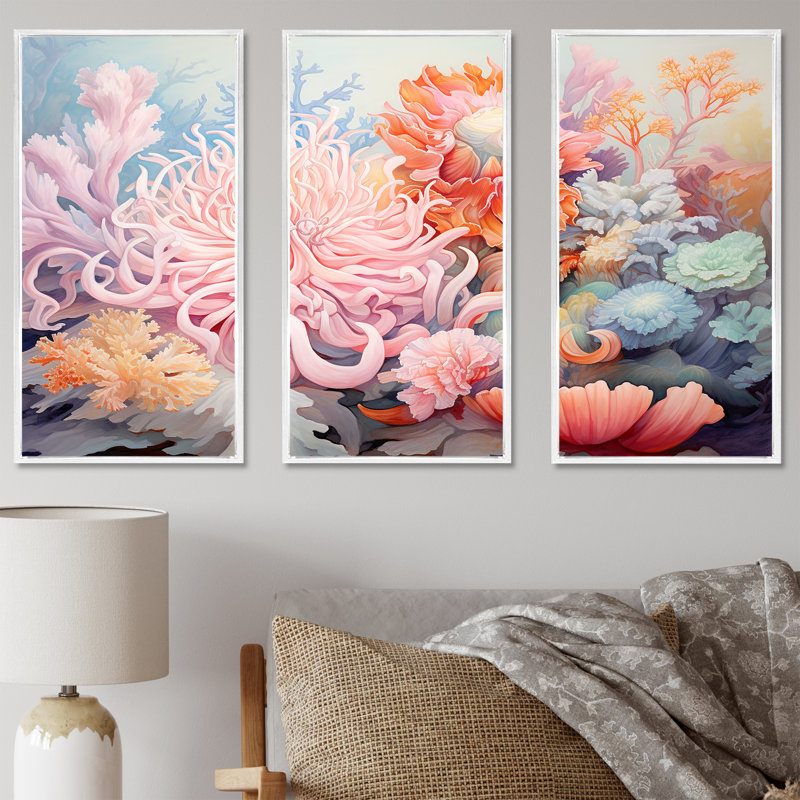 «Pink Anemone Symphony - Coastal Coral Under Water», art mural sur toile, Cadre flottant blanc, H 40 po x l 60 po x P 1 po