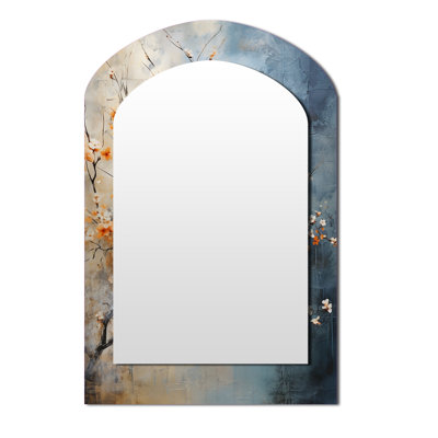 Orange Teal Maple Tree Glowing Embers III - Maple Arch Wall Mirror, Traditional Asymmetrical Decorative Mirror, Printed Metal Art