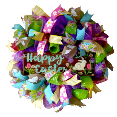 Easter Wreath With Happy Easter Wood Sign, Lavender Mesh & Spring Bunny Ribbons – 24"