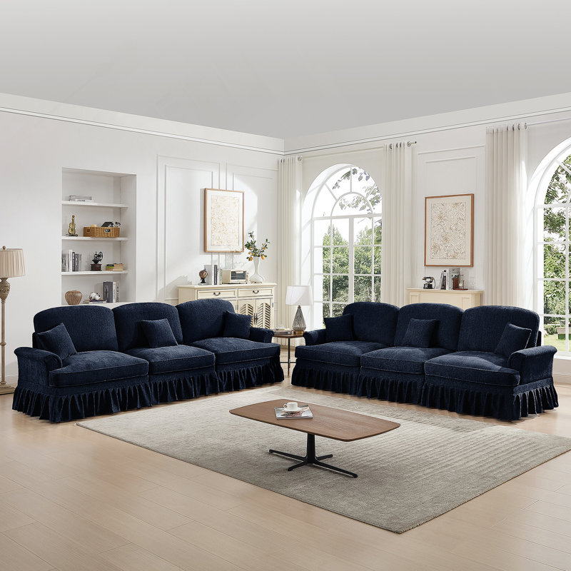 Canapé-lit classique avec volants amovibles et pieds fuselés, canapé modulaire avec 3 repose-pieds mobiles pour une assise polyvalente