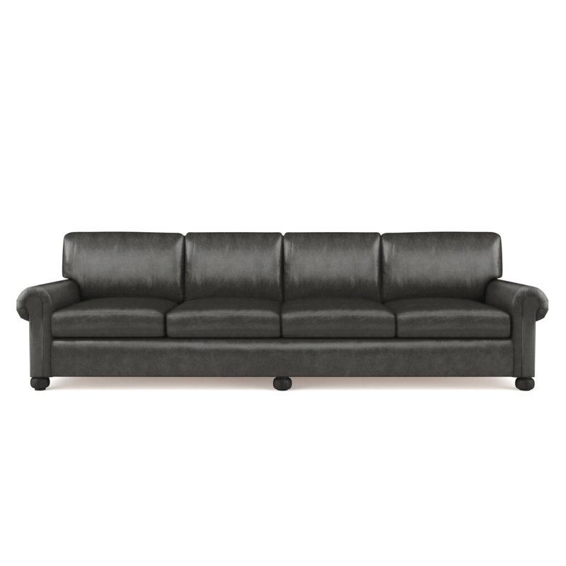 Leroy Rolled Panel-Arm Extra Long Sofa with Bun Feet, 36" H x 120" W x 49" D, Vintage Leather Graphite, Weathered