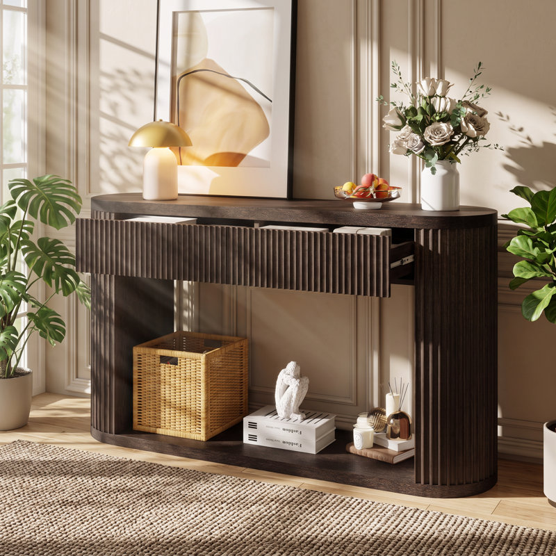 Table console ovale TREXM en bois d'hévéa cannelé, 53 po L x 14 po P x 30 po H, avec 2 tiroirs