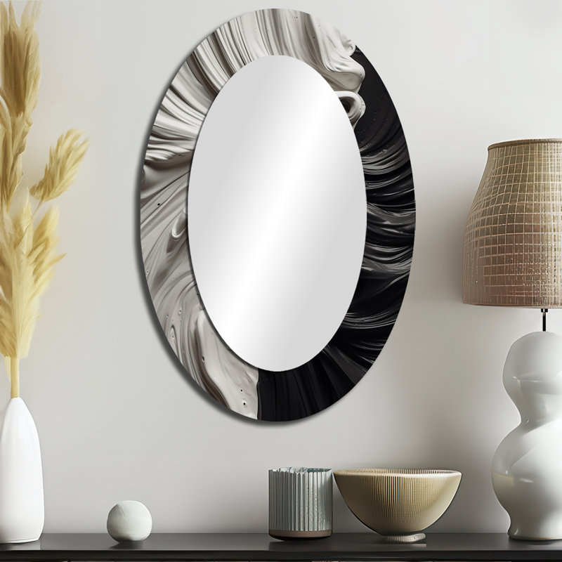 Phillisa noir blanc marbré Dreamscape I - miroir géométrique, miroir mural noir unique, impression d'art en métal, Ovale