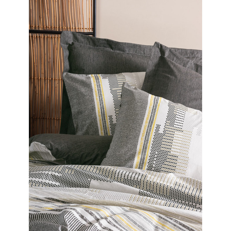 100% Cotton Ranforce Quilt Cover Set, (63 x 87), Includes Duvet Cover with Button Closure, Flat Sheet, and Pillowcase - Soft Mink, Dark Grey & Yellow | Machine Washable, 145 Thread Count