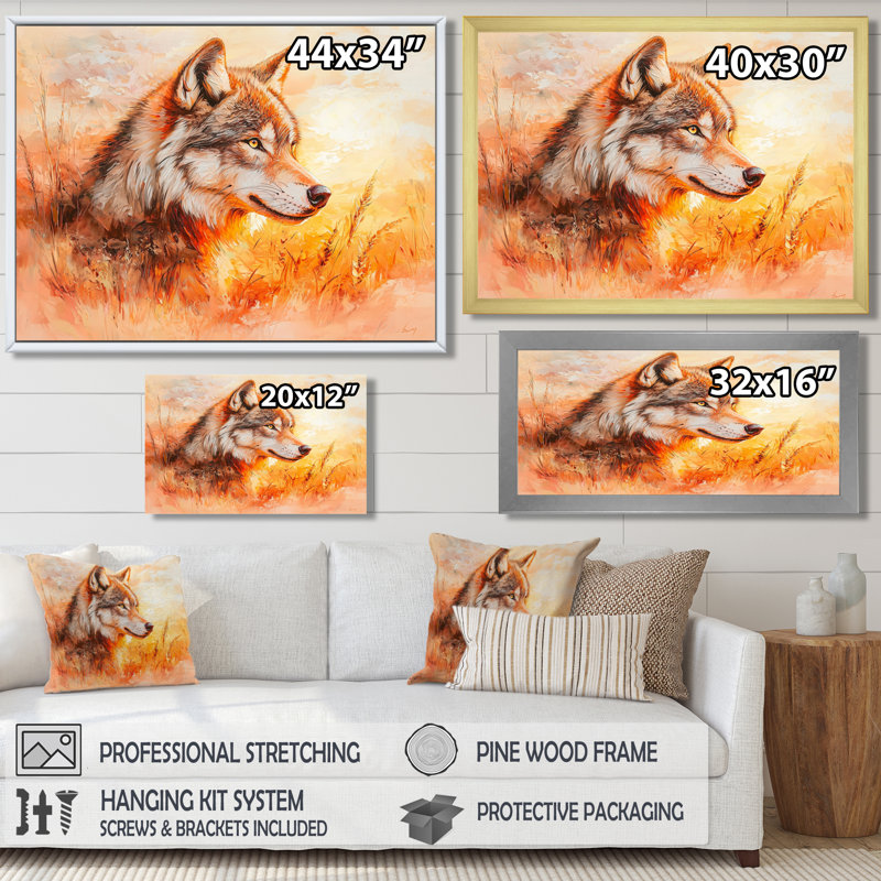 Portrait de loup au coucher du soleil II - reproduction d'art loup, Brun, H 12 po x l 20 po