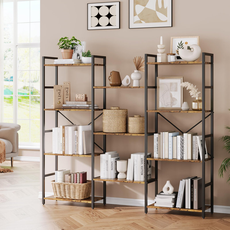 4-Tier Industrial Bookshelf with 11 Adjustable Shelves, Rustic Large Etagere for Living Room or Office, Brown