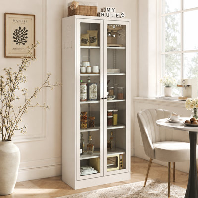 White 72 Inch 2 Door Metal Storage Cabinet with Tempered Glass Doors, 5 Adjustable Shelves for Kitchen Pantry Home Office