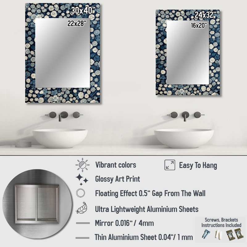«Blue and White Moonlit Geometric River - Coastal Unique Wall Mirror, Blue Mirror, Art imprimé en métal, 40 po x 30 po