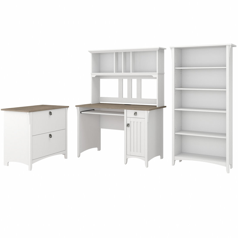 Khadesha 4 Piece Computer Desk Office Set, Shiplap Gray/Pure White