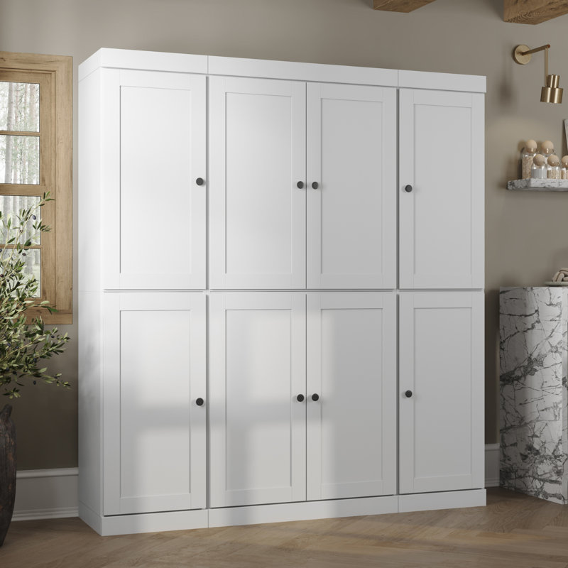 Garde-manger 100% en bois massif 65 po avec portes Shaker, 2 tiroirs et tablettes réglables, Blanc
