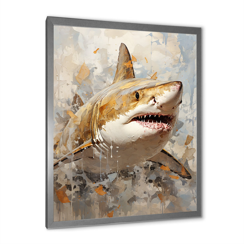 " Minimalism Shark Painting In Golden Beige I ", Silver Single Picture Framed, 32" H x 16" W x 1" D