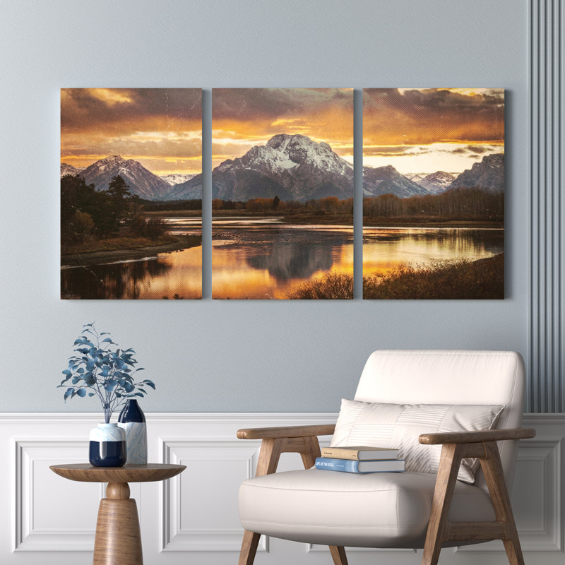 «Mountain Landscape Sunset Reflection», ensemble de 3 reproductions d'art sur toile tendues sur toile, H 18 po x l 36 po