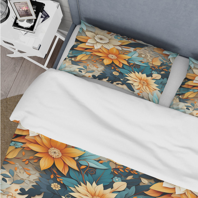 Ensemble de housse de couette Chrysanthemums Mandala Boho, Housse de couette simple + 1 taie décorative stan