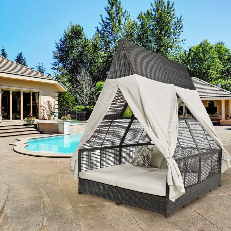 Lit de jour d'extérieur pour patio avec dossier réglable, rideaux et 4 coussins, Beige