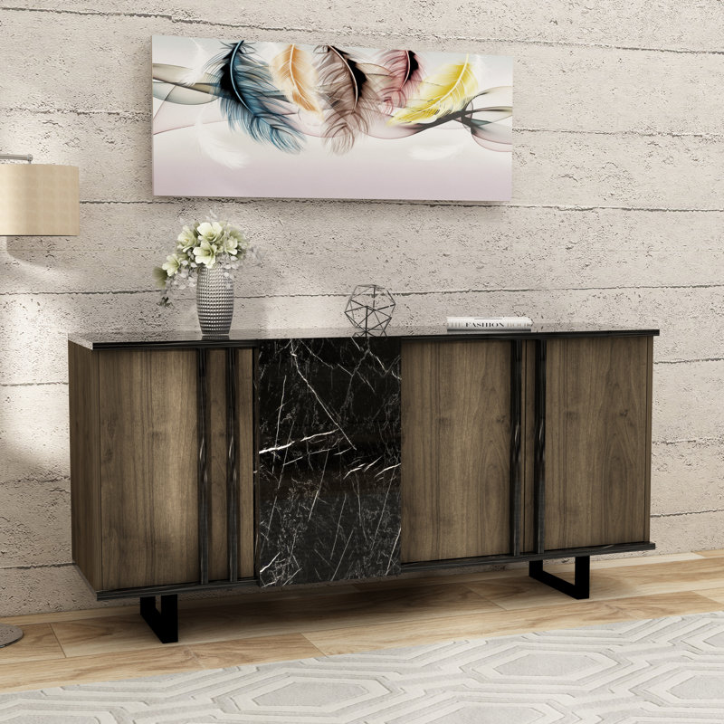 Sideboard With Cabinets And Shelves Fido, Walnut & Black Marble Effect