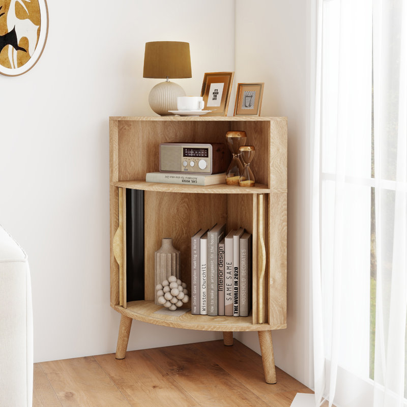 Armoire de coin avec 2 portes cannelées, étagère de coin autoportante pour le salon, la cuisine, la salle de bain, Bois