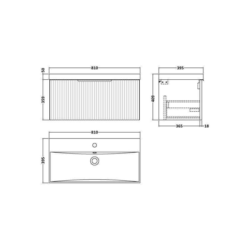 Fluted 800mm Single Bathroom Vanity with Drop In Vitreous China Basin, Satin White