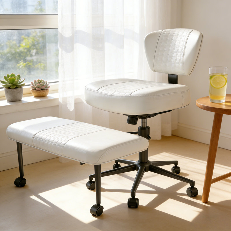 Office Chair Meditation Chair with Adjustable Ottoman, 360° Swivel Cross Legged Office Chair, Height Adjustable Chair, Multi-Purpose Kneeling Chair, Gaming & ADHD Focus Chair, Sleek White PU Leather for Yoga, Office and Bar Use