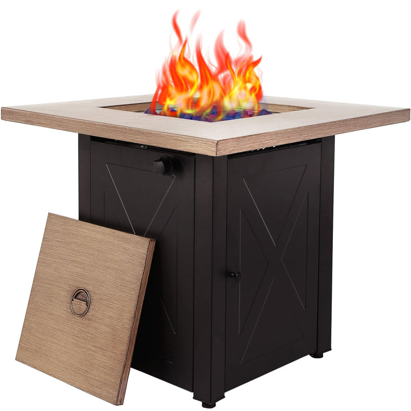 28Inch Outdoor Gas Fire Pit Table, 48000 . Square Propane Patio With . Bionic Wood Grain Lid. Great For Enhancing Your Backyard, Garden, Party, Deck And Courtyard. Brown Steel. 28.27 In. Depth/Width,