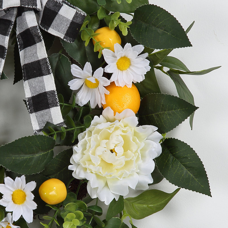 Couronne de campagne pour porte d'entrée, citrons artificiels, couronne de pivoines et de marguerites, décor floral d'été et de printemps, 22 po