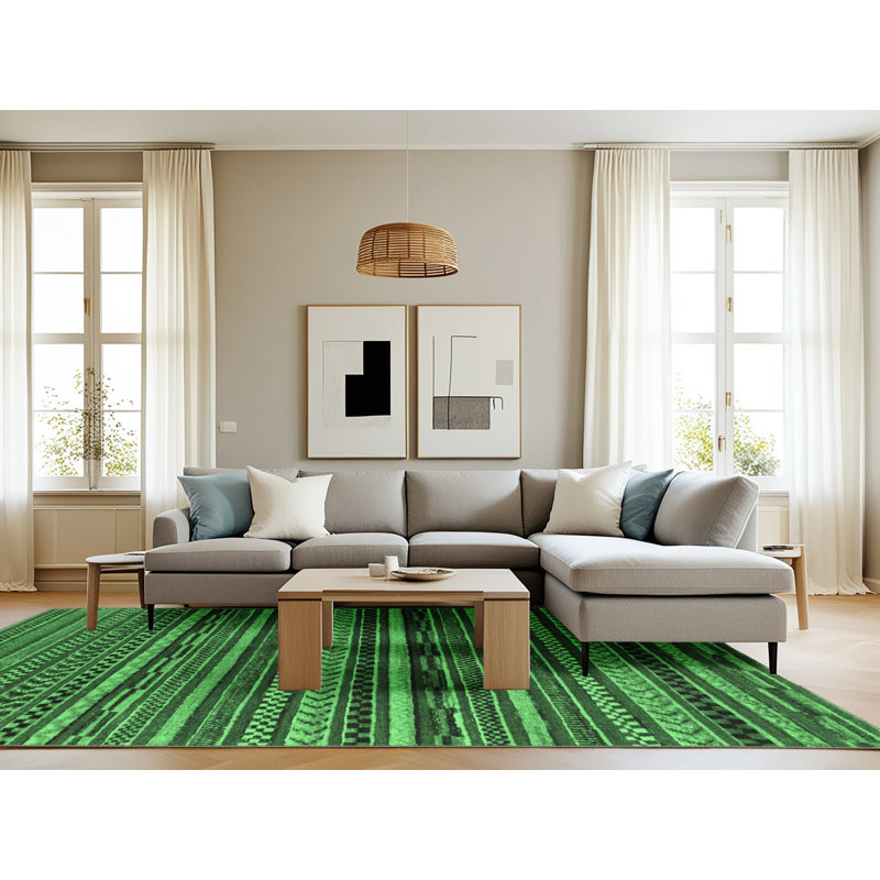 Tapis lavables à la machine à motif abstrait vert émeraude 2267, Rectangle 8 pi x 12 pi