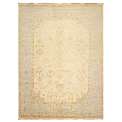 Tapis transitionnel beige en laine noué à la main 8 pi 7 po x 11 pi 8 po Oushak