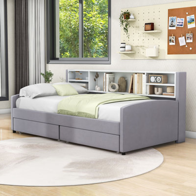 Twin Upholstered Daybed with Shelves and 2 Drawers