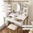 Compact Makeup Vanity Desk With LED Mirror, 3 Lighting Modes, Power Outlet, Drawer, Shelves, And Cushioned Stool For Small Spaces-2071954353