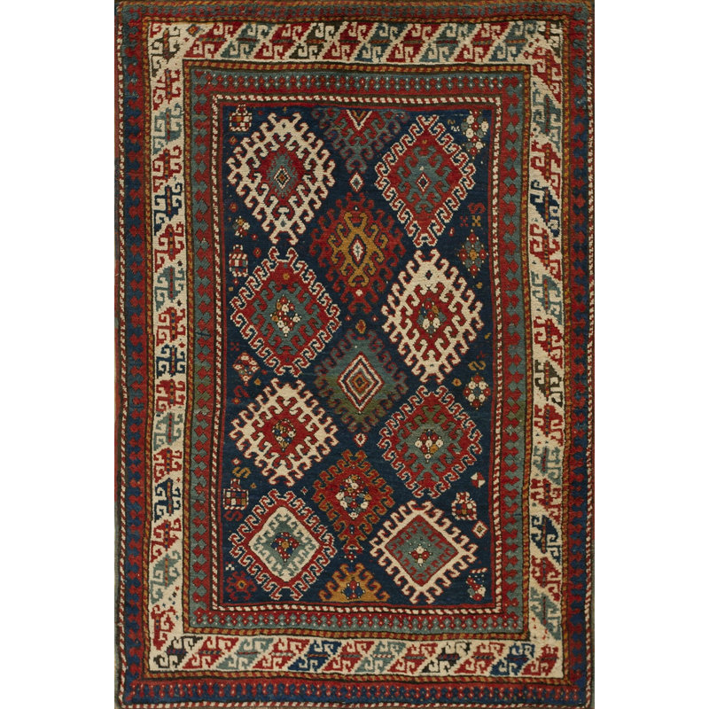 Blue Tribal Geometric Allover Design Antique Caucasian Kazak Rug