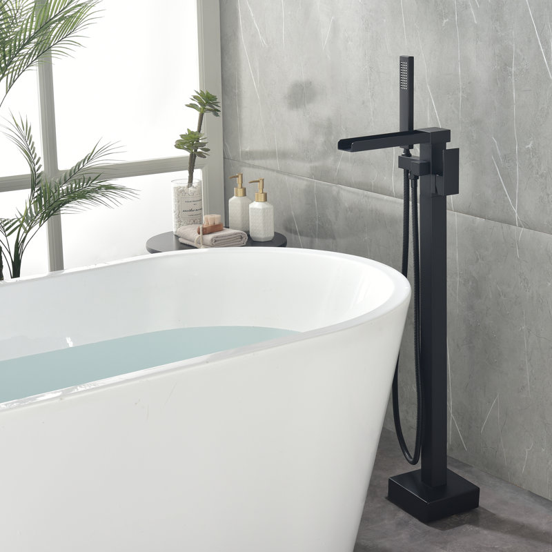 Robinet de baignoire autoportant à poignée simple 34,72 po Modern avec douche à main, Matte Black