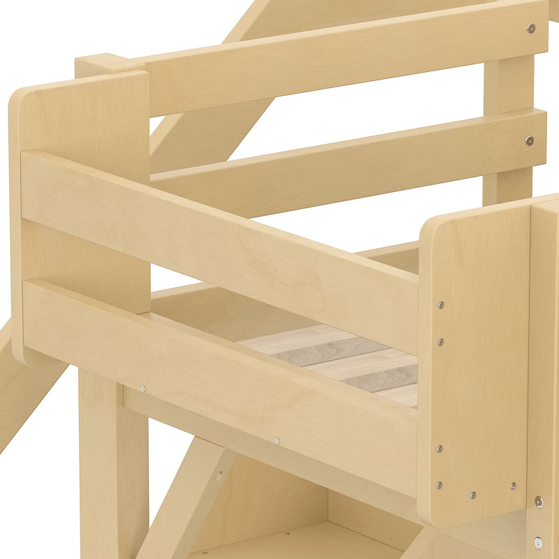 Lit mezzanine simple naturel avec garde-robe intégrée, rangement supplémentaire, tablettes de chevet, garde-corps et escalier stable pour les petites chambres à coucher Espaces de rangement intégrés en bois massif, escalier élégant