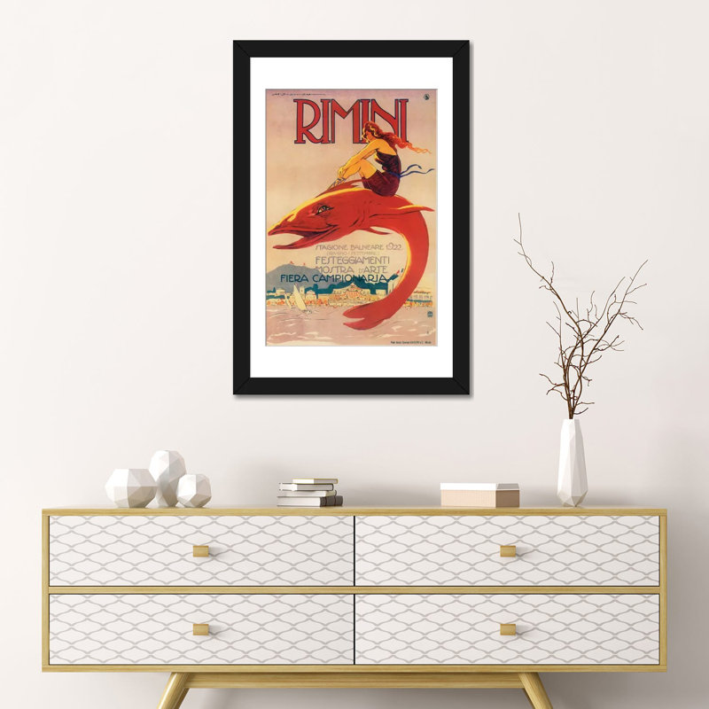 « rimini », affiche rétro sur toile, H 24 po x l 16 po x P 1 po, Papier d'art encadré noir, Blanc