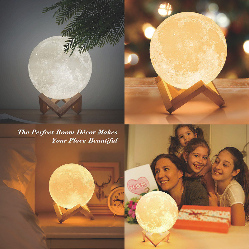3D Moon Lamp with 7.1' Wooden Base,LED Night Light, Mood Lighting with Touch Control Brightness