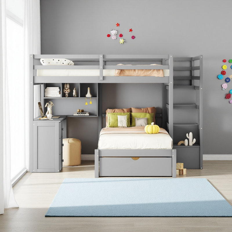 Lit superposé double au-dessus de simple avec bureau, tiroirs et tablettes, Gris