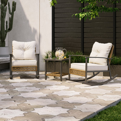 3-Piece Outdoor Rattan Rocking Chair Conversation Set with Cushions and Side Table
