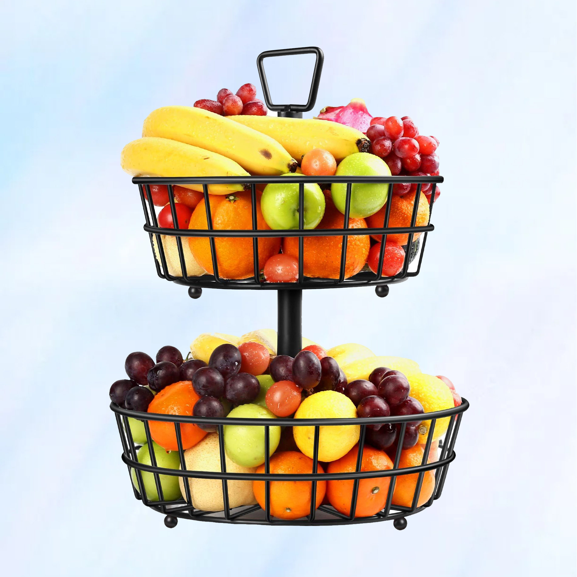 2-Tier Large Fruit Basket || Wood Metal Bread Basket || Kitchen Countertop  Fruit Bowl