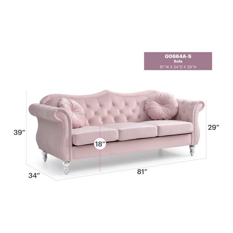 Clouser 82'' Velvet Sofa, Pink